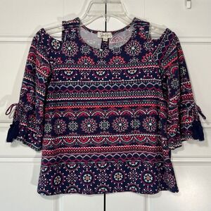 Jessica Simpson Girls Soft Cold Shoulder‎ Flowy Top Blue Pink Patterned Size M